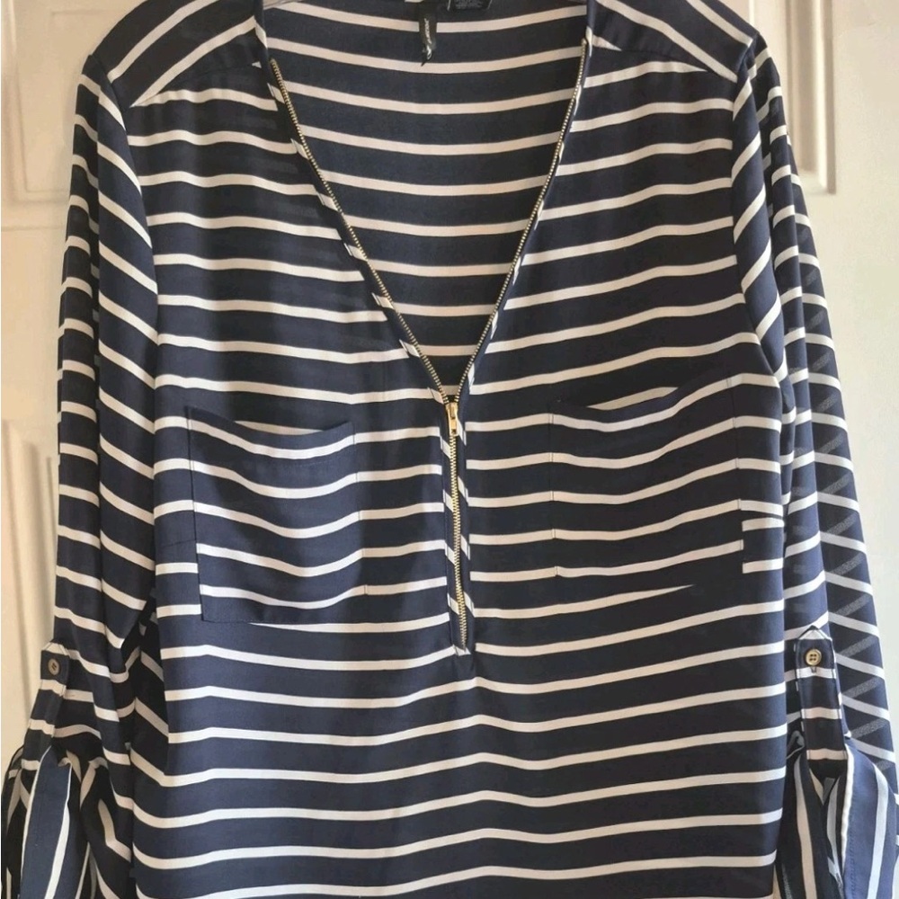 New Directions Blue and White Striped Tunic Top Shirt